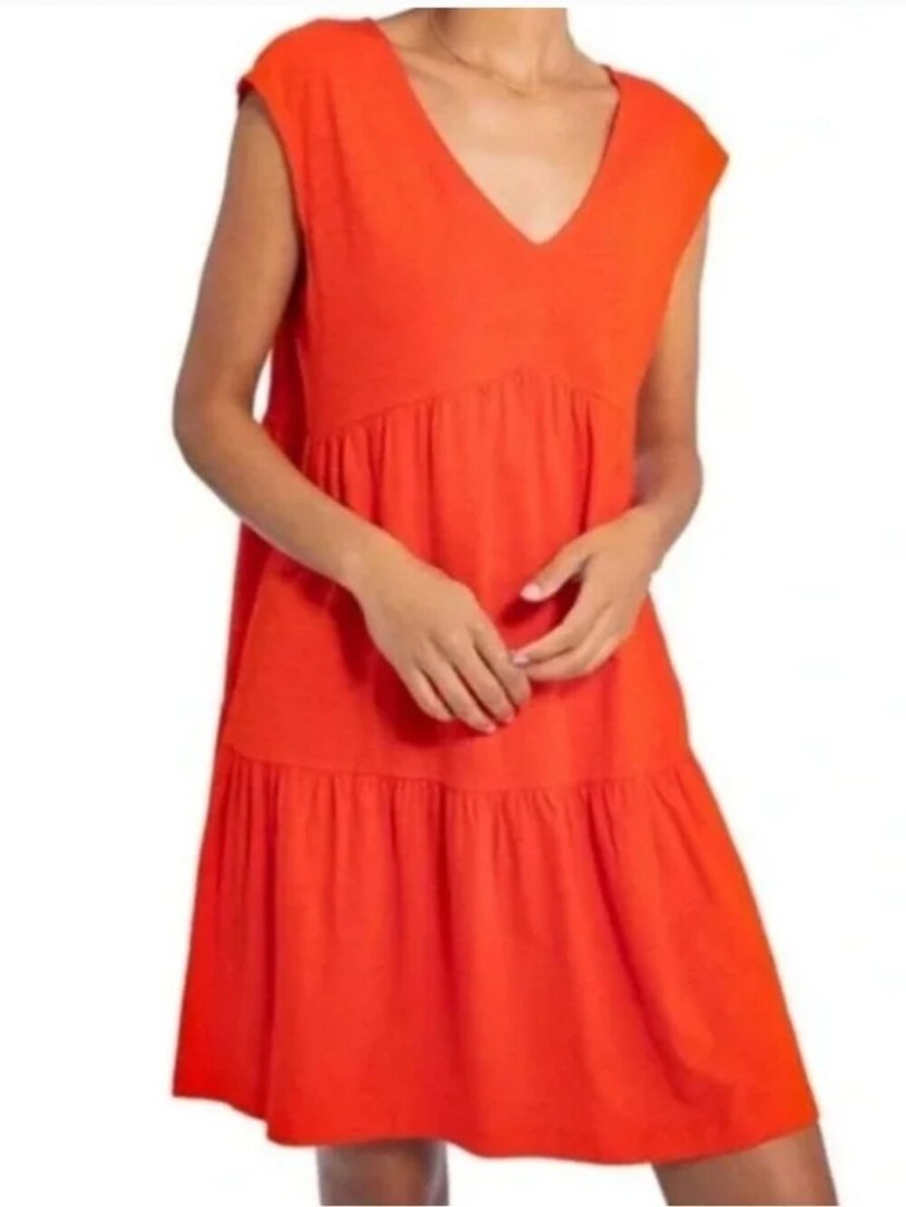 SOCIAL STANDARD SANCTUARY "Take Me Away" Orange Tiered V Neck Knit DRESS M 8 10